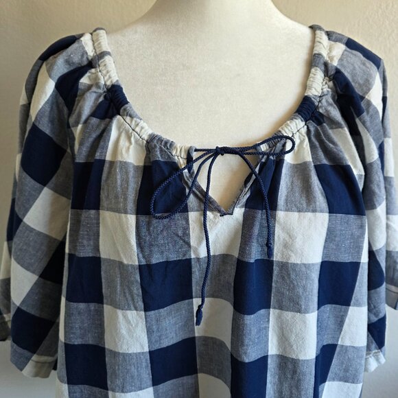 Uniqlo JW Anderson Navy  White Check Top Blouse Cotton Linen Boho Women Size XXL - Picture 2 of 8
